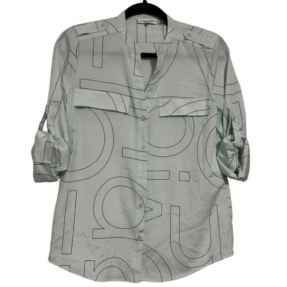 CALVIN KLEIN Printed Logo Long Sleeve Button Down Blouse Mint Green Black NWT XS - Picture 1 of 6